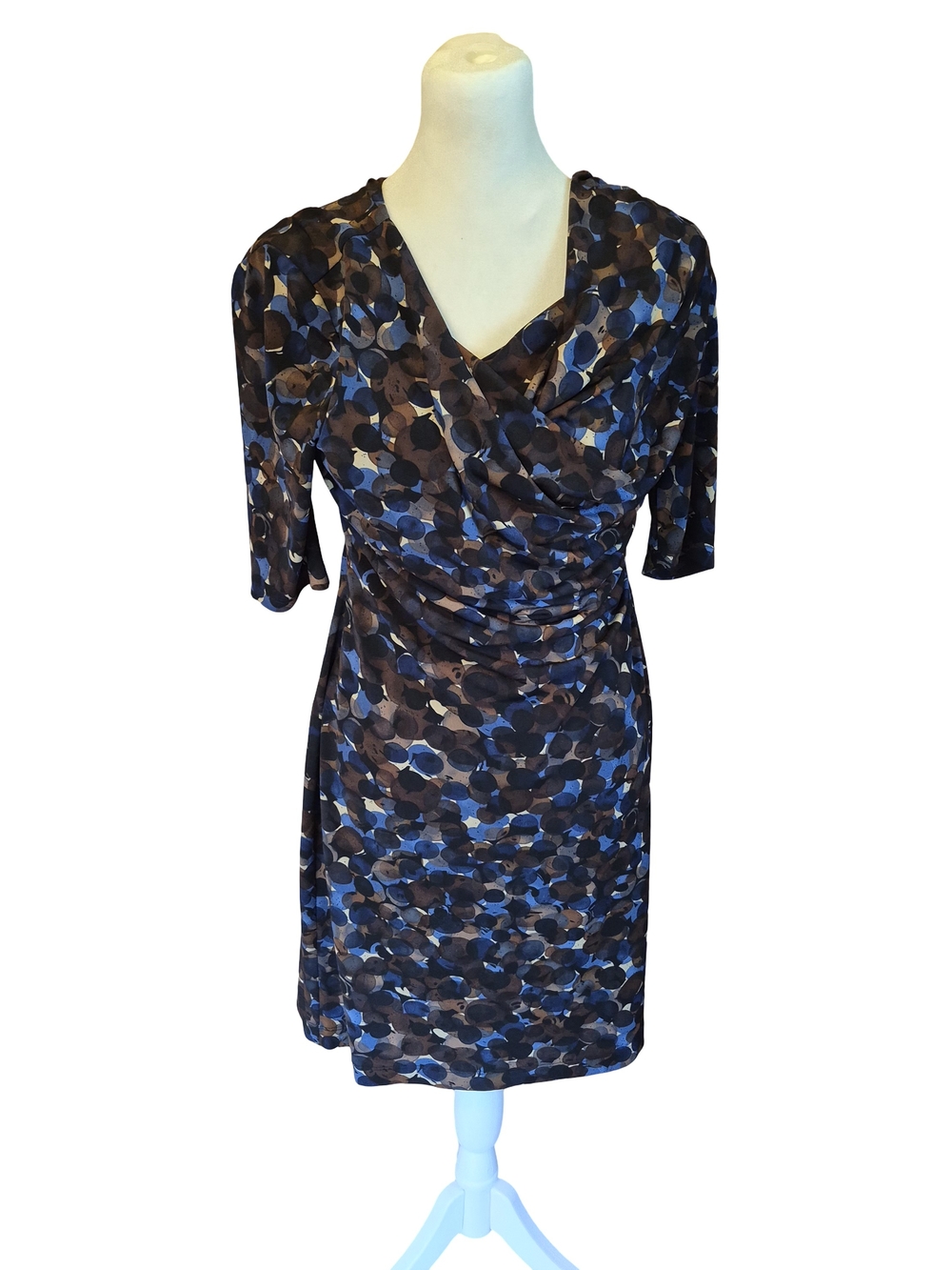 Connected Blue and Brown Printed Ruched Midi Dress